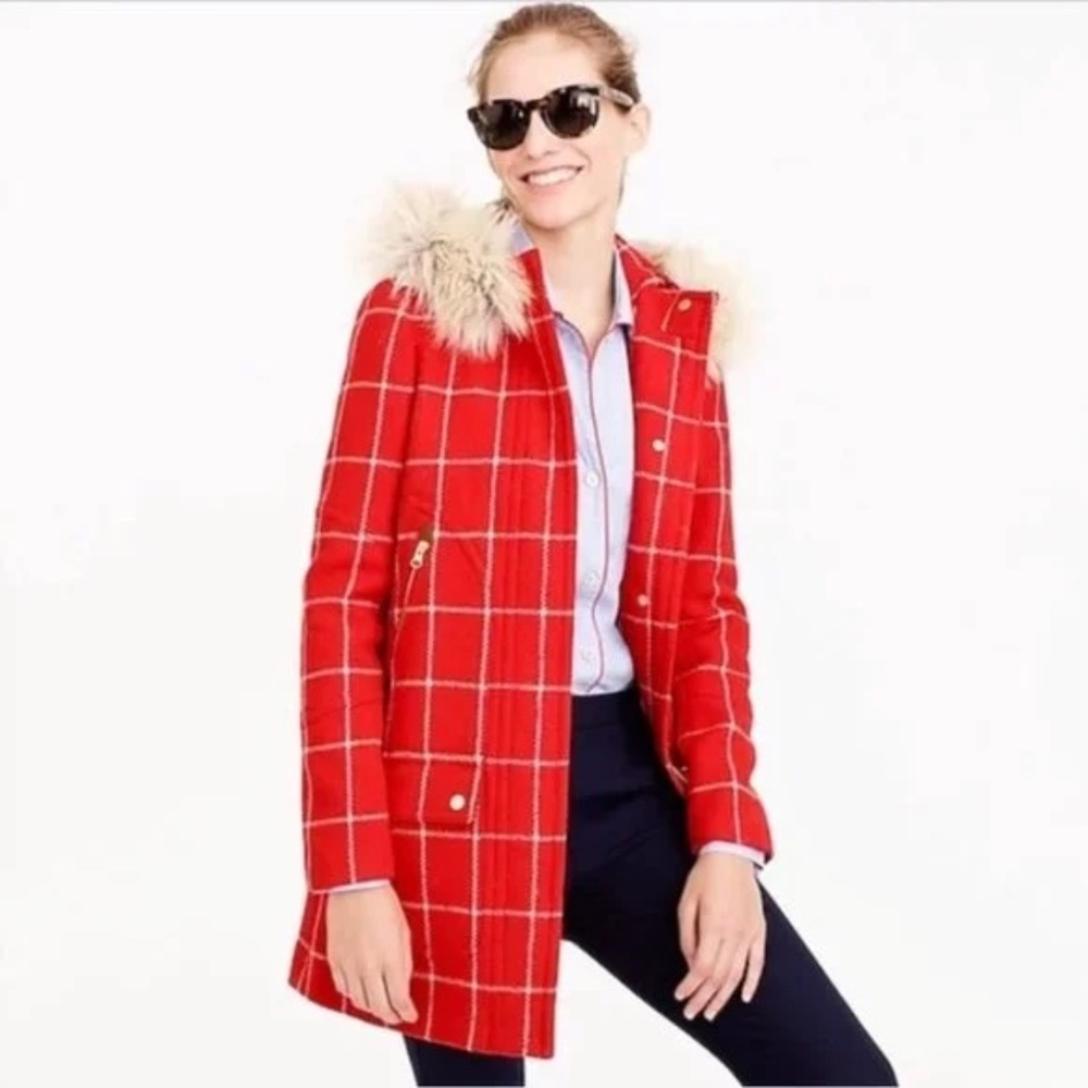 J. Crew Chateau Parka Red Plaid Windowpane Check 100% Wool Hooded Coat Size 0